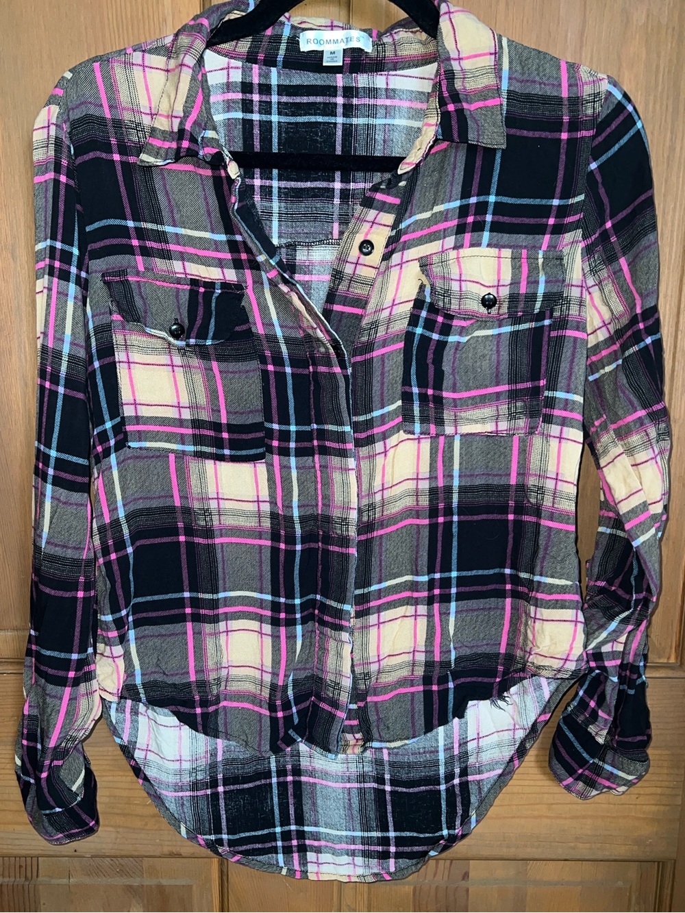 Roommates Black Pink and Cream Plaid Button-Down Shirt
